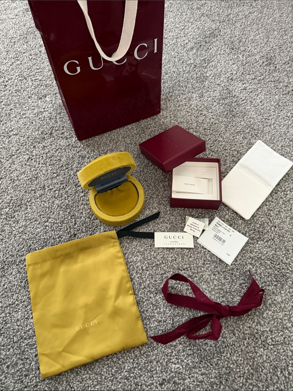 Gucci Yellow Velvet Ring Pouch with Burgundy Box Accents